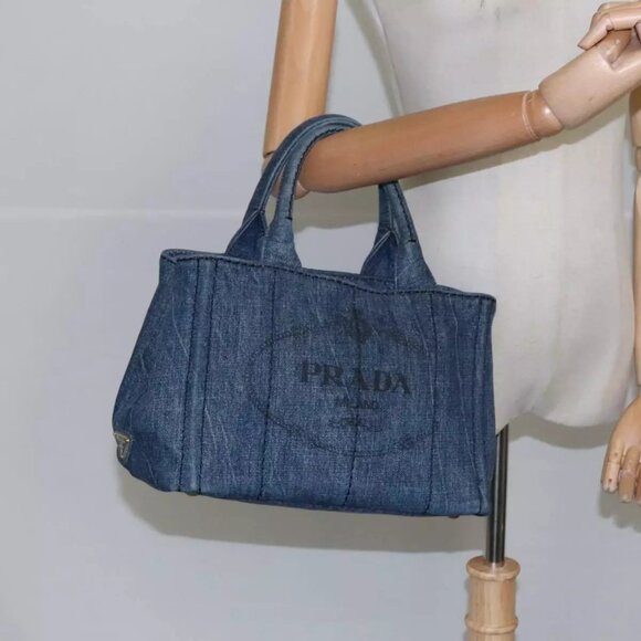 PRADA Canapa PM Hand Bag Denim Blue Gold Auth - Picture 5 of 15